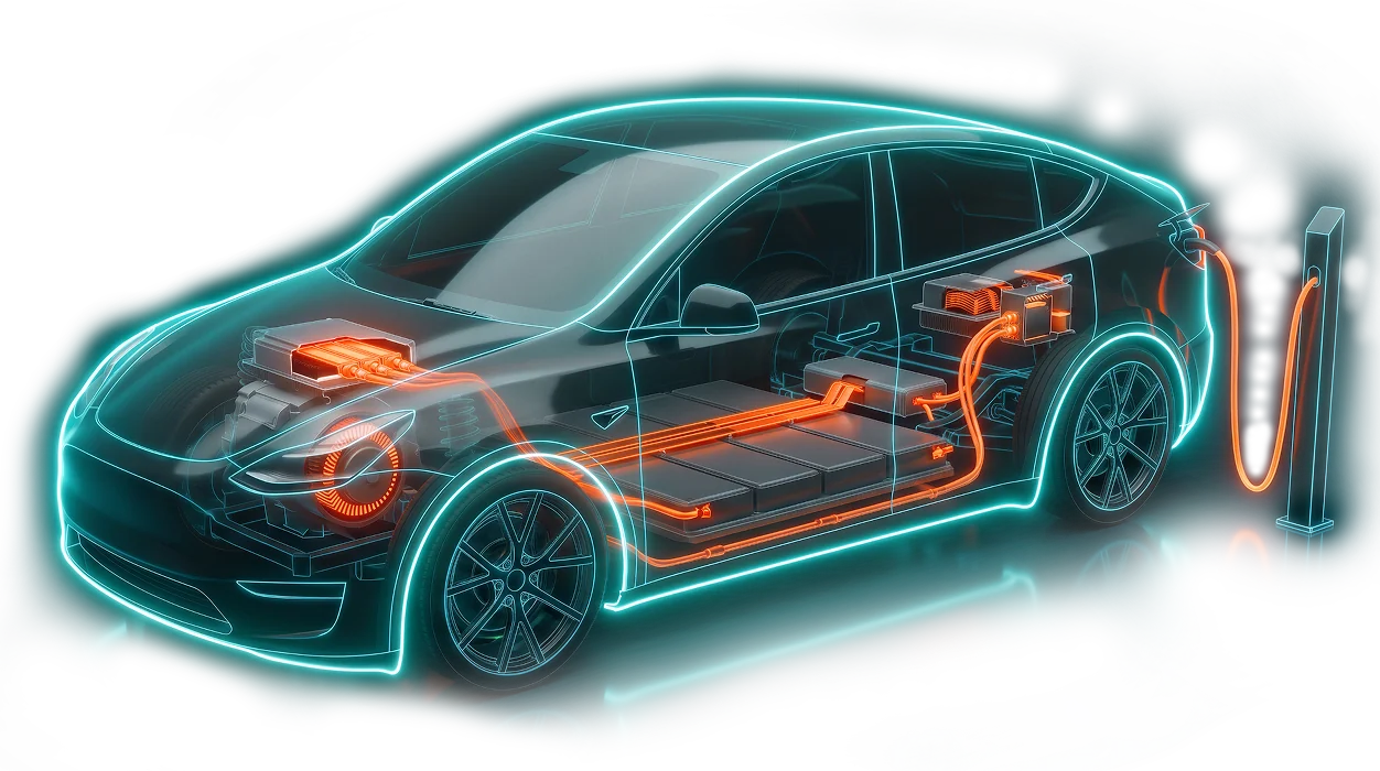 Electric vehicle showing battery and wiring